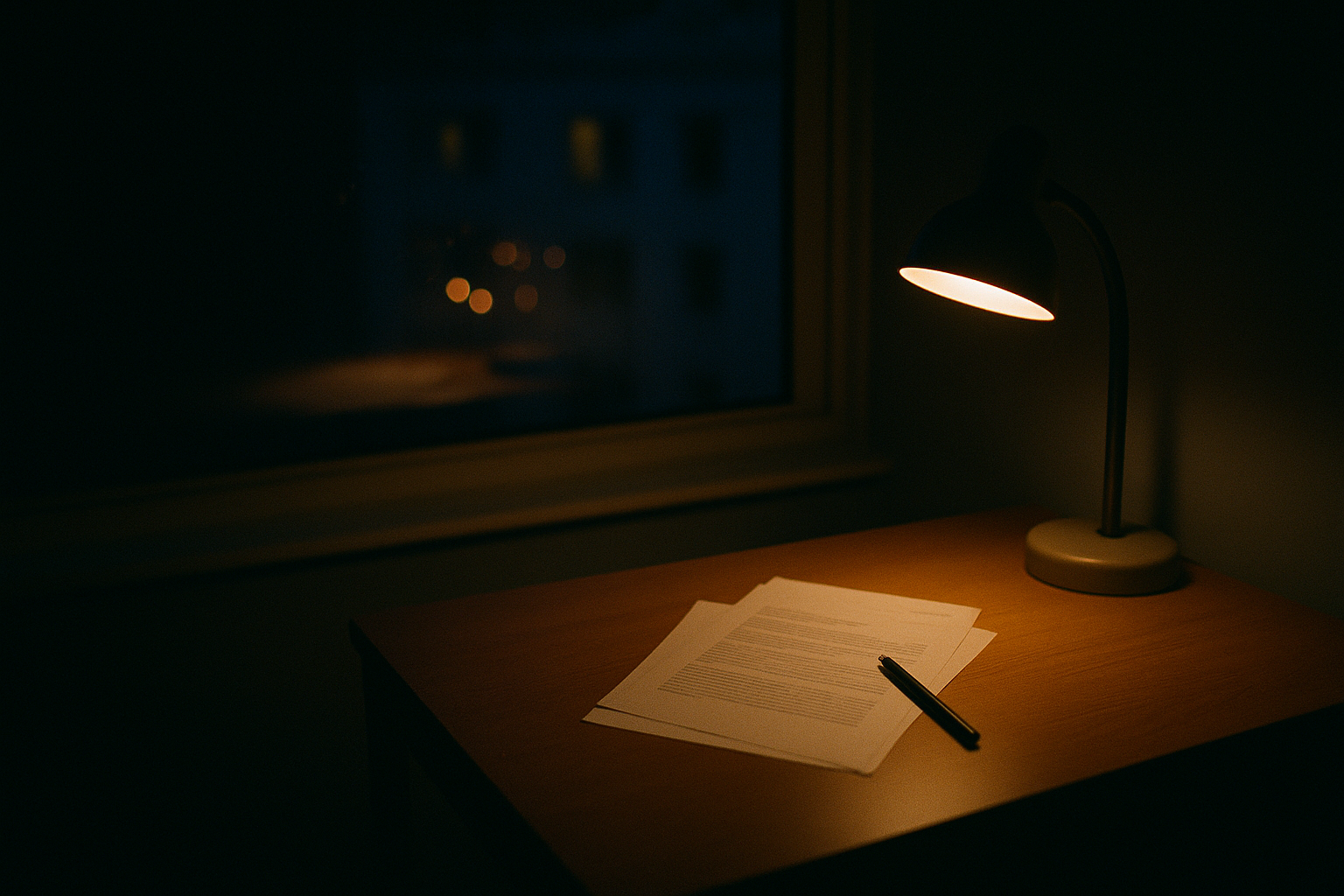 A single lamp lights a student's desk at night, a lit building visible through a window softly out of focus behind it.
